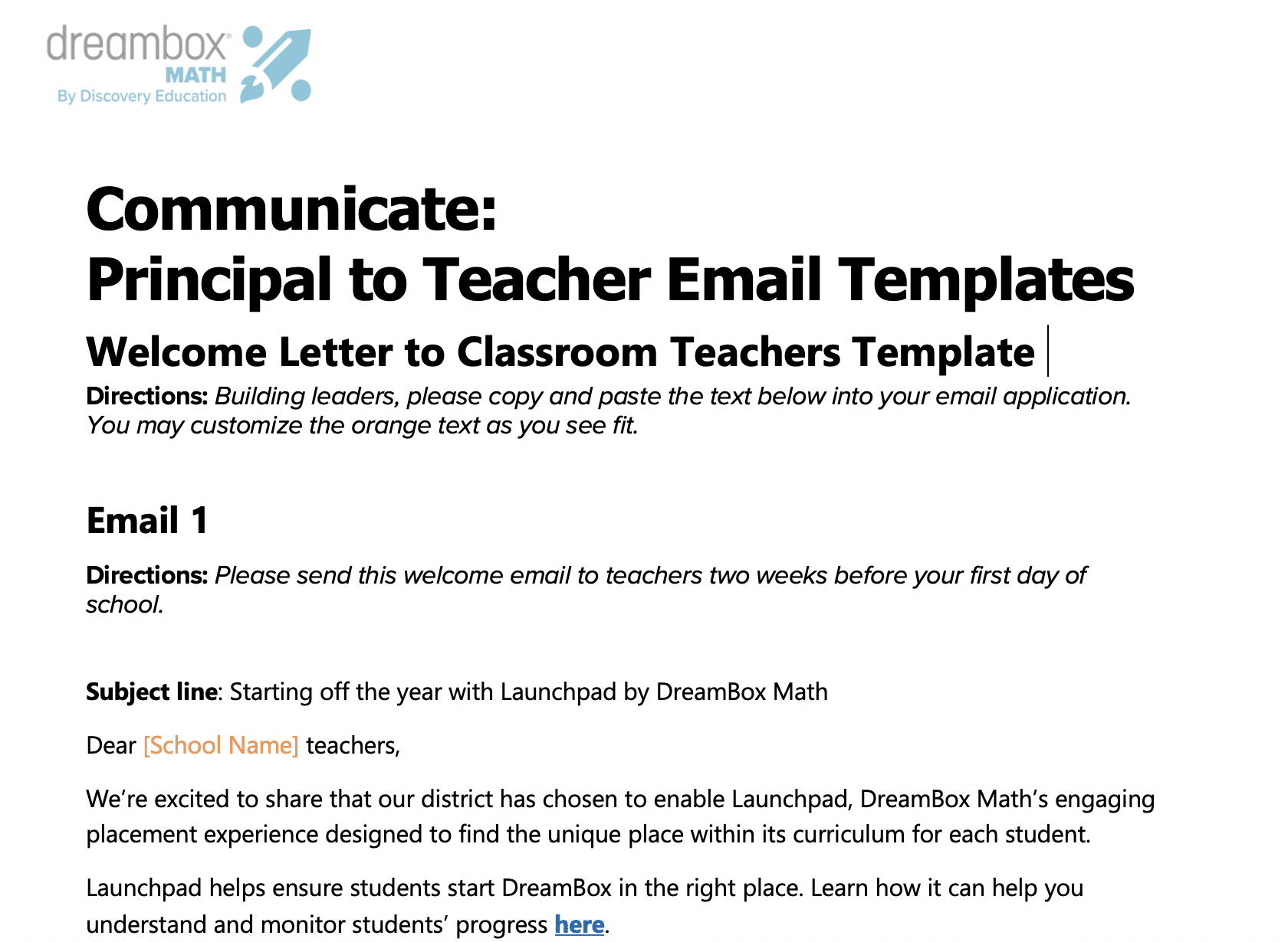 DBM Launchpad Email Template Principal or Site Leader to Teacher