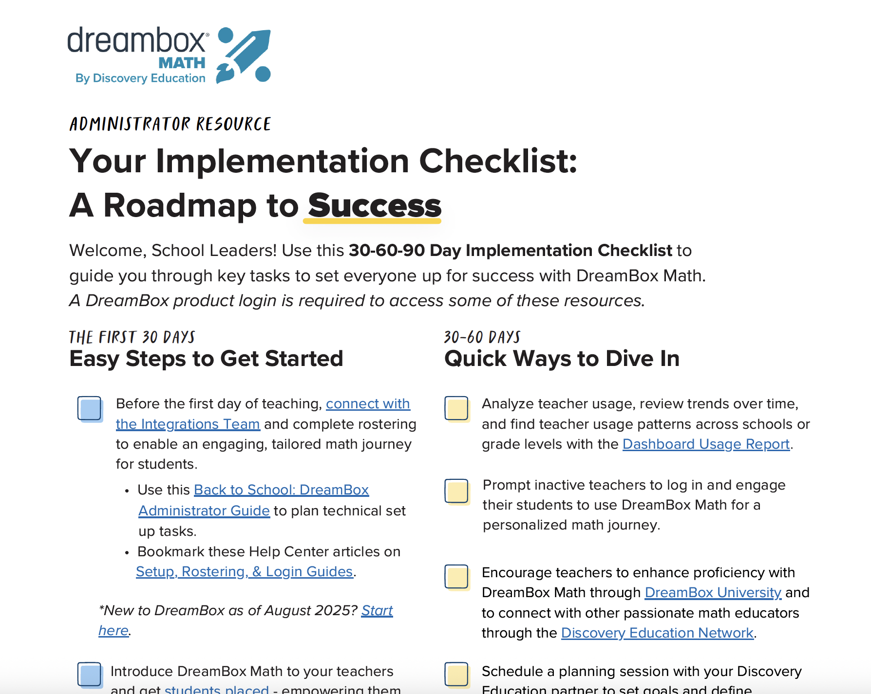 DBM 30 60 90 checklist