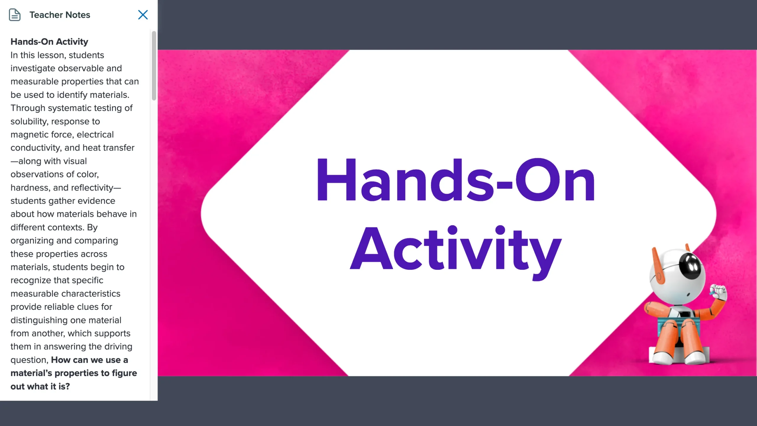 Science Techbook hands-on activity slide with teacher notes
