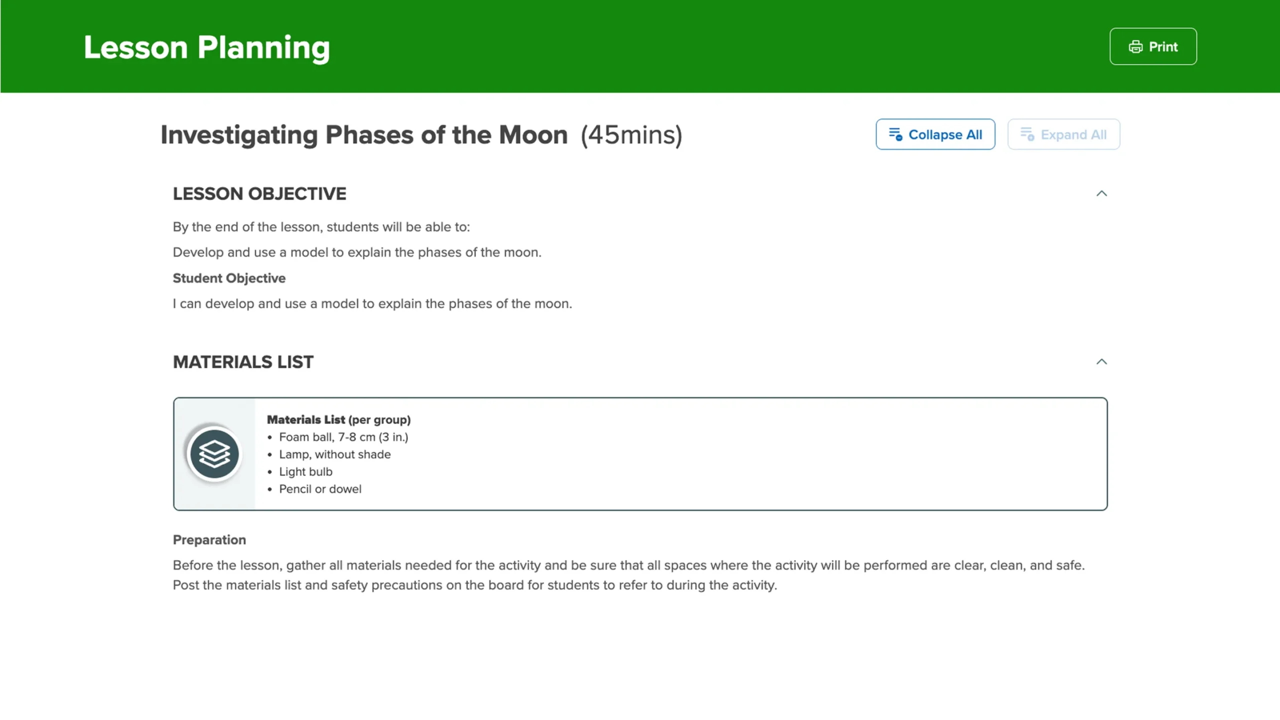 Science Techbook lesson planning view
